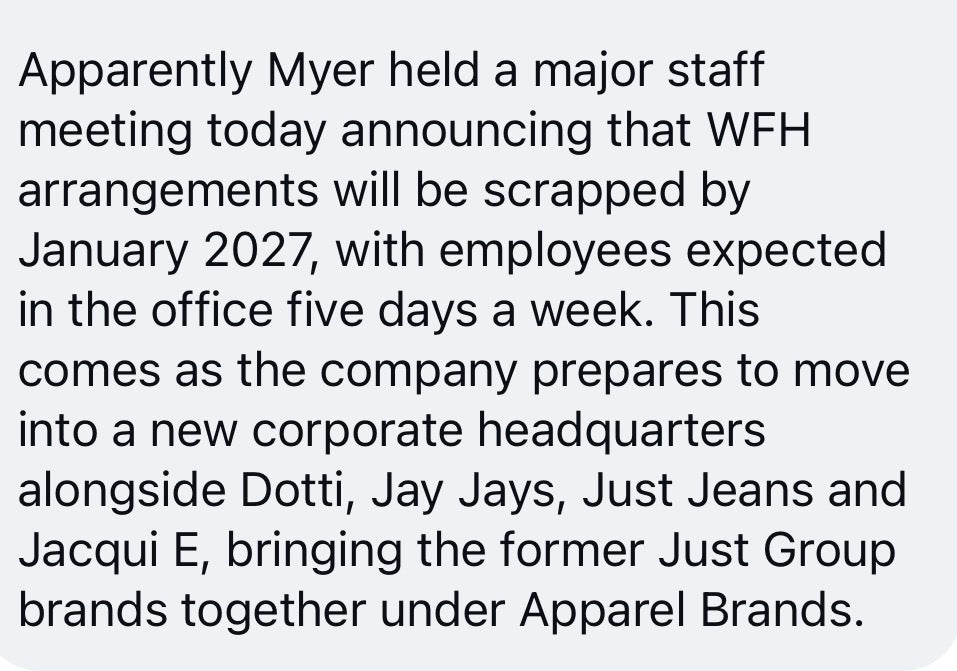 Tip sent to The Aussie Corporate about Myer, as posted on Instagram in October 2026
