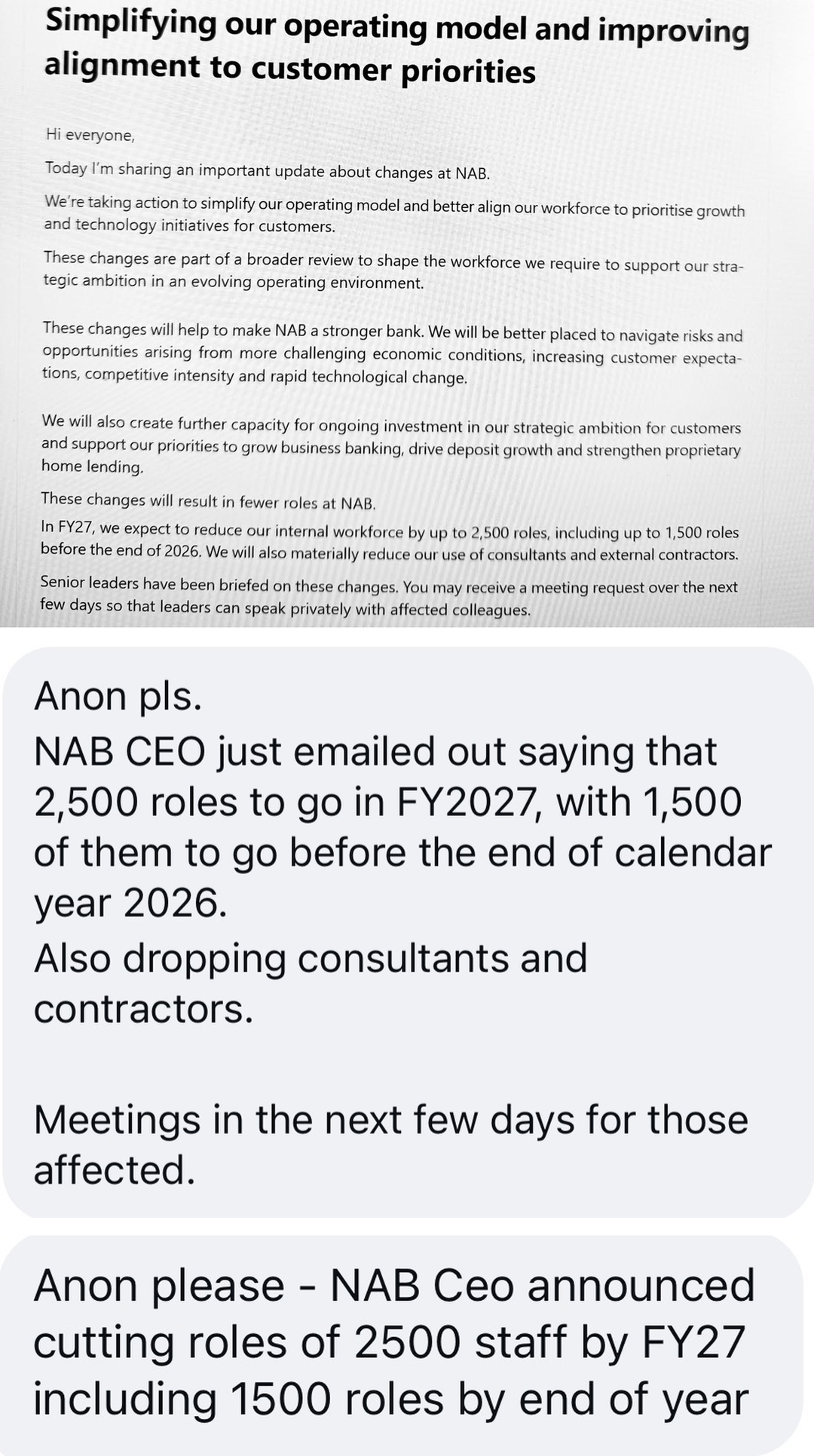 The NAB chief executive's email to staff and two messages sent to The Aussie Corporate about it, October 2026