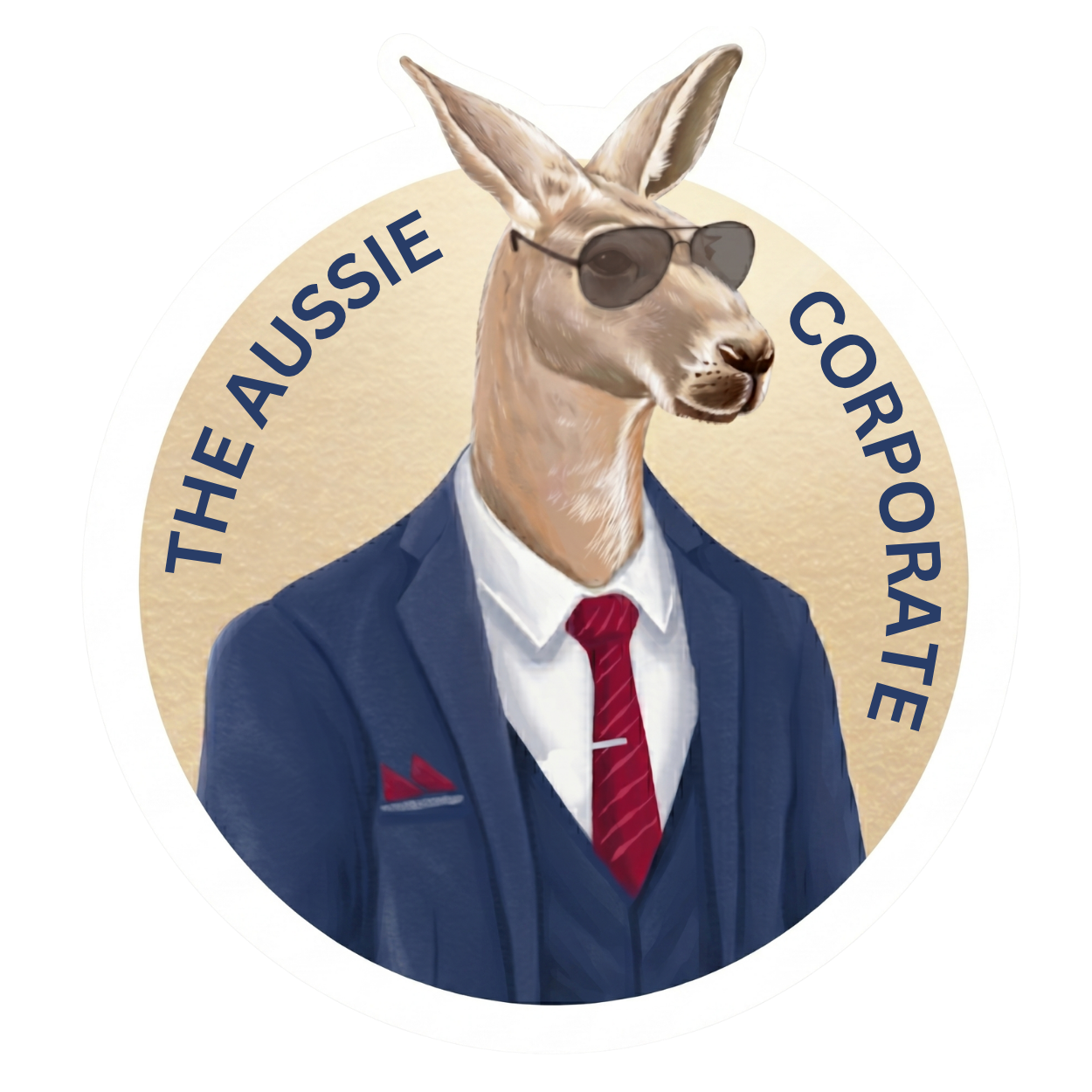 The Aussie Corporate kangaroo sticker: a kangaroo in a navy suit, red tie and sunglasses in a gold circle reading The Aussie Corporate