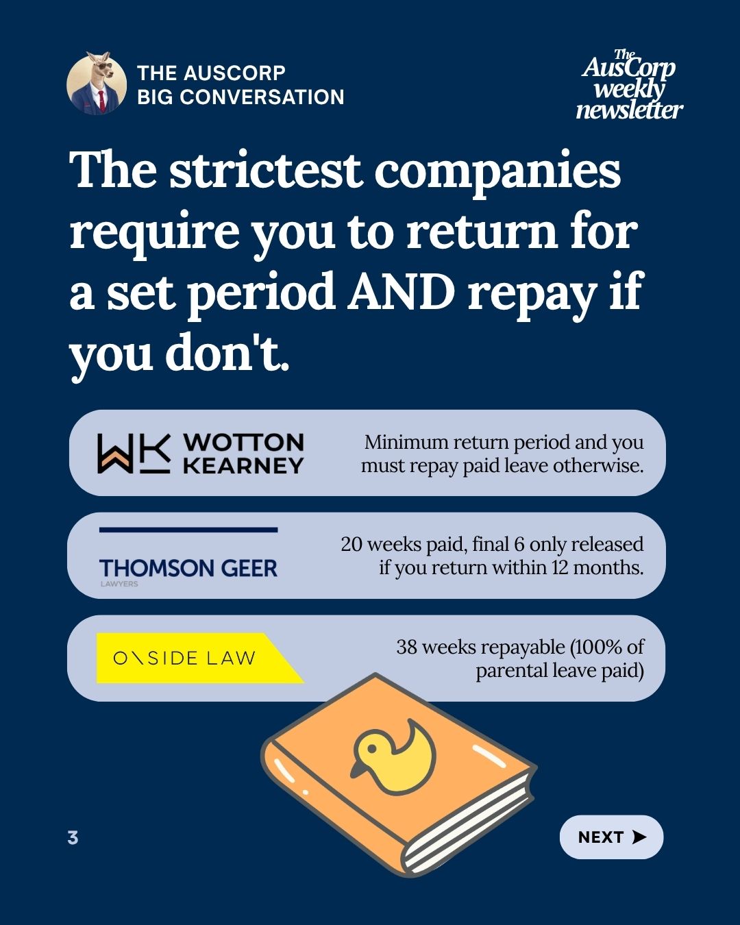 The strictest firms require you to return for a set period and repay if you do not: Wotton Kearney, Thomson Geer (the final 6 of 20 paid weeks released only if you return within 12 months) and Onside Law (38 weeks repayable)