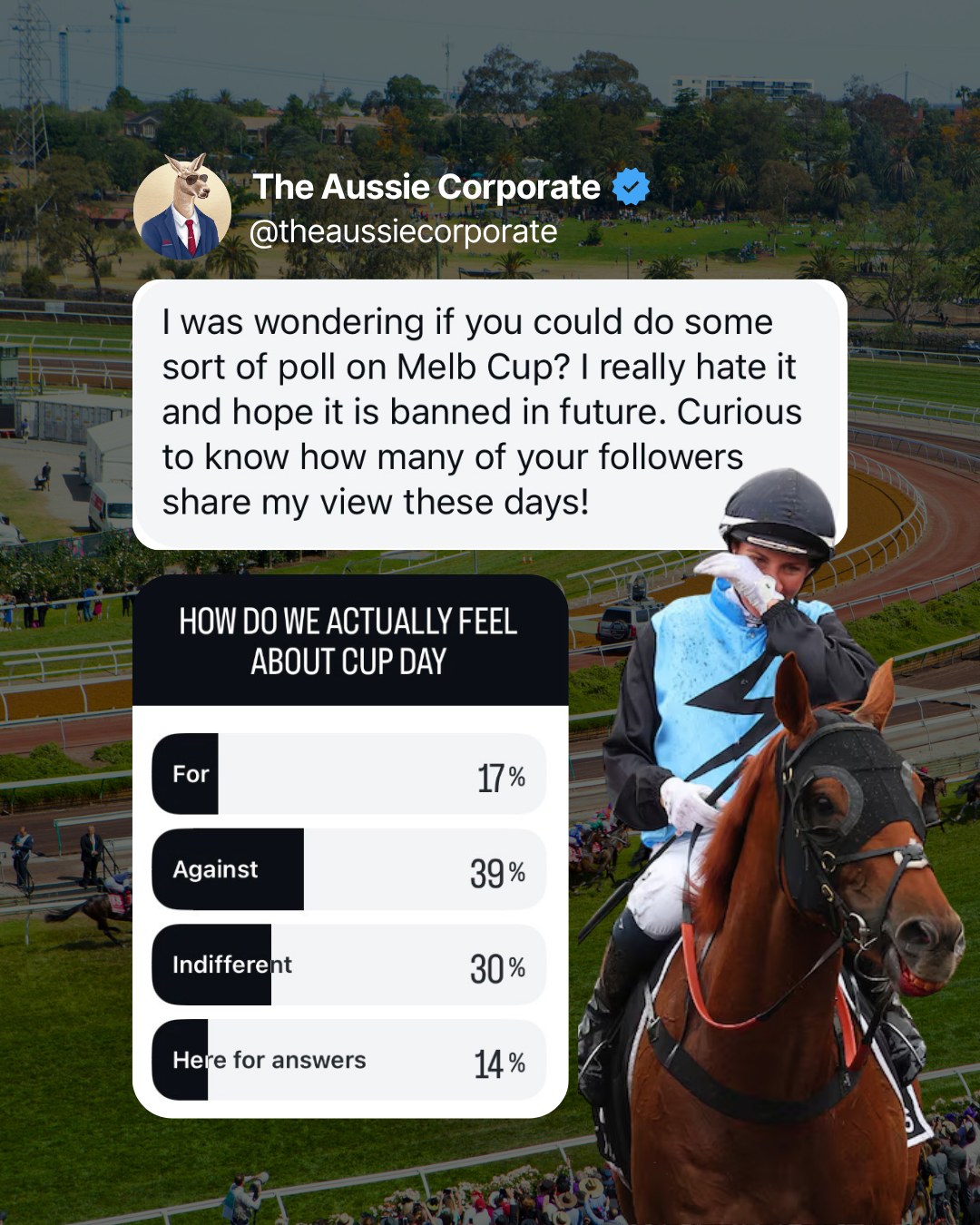 Melbourne Cup poll by The Aussie Corporate. How do we feel about Cup Day: for 17%, against 39%, indifferent 30%, here for the answers 14%.