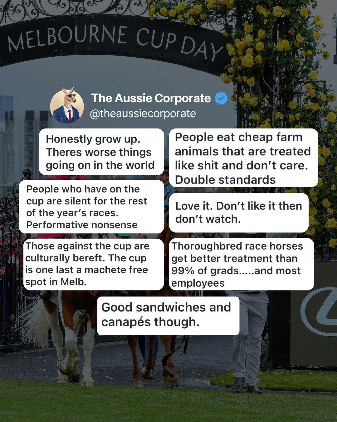 Community replies on the Melbourne Cup, including 'Good sandwiches and canapés though' and 'Love it. Don't like it then don't watch.'