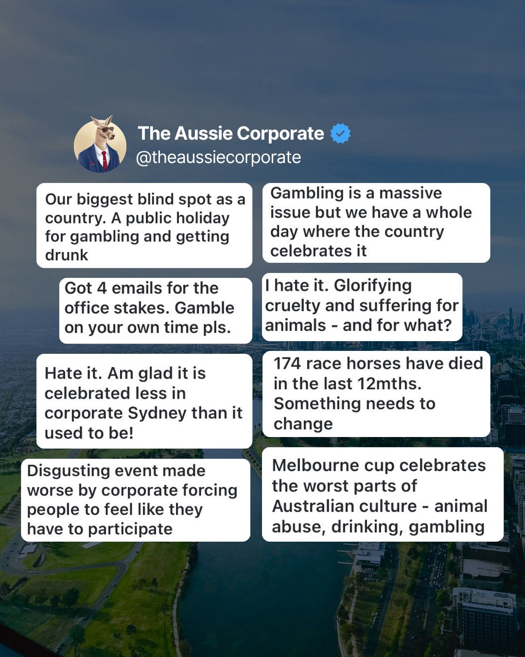 Community replies on the Melbourne Cup, including 'Got 4 emails for the office stakes. Gamble on your own time pls.'