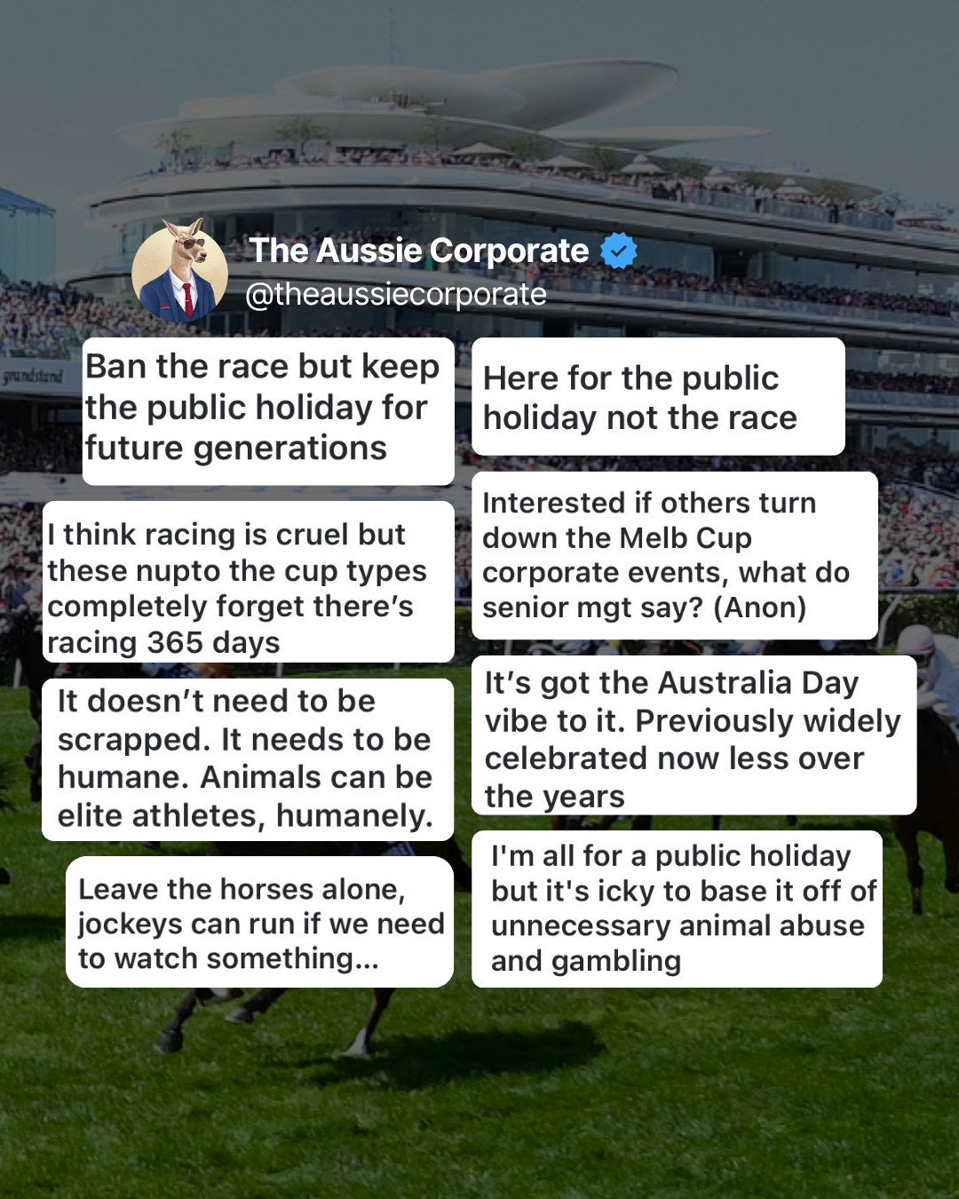 Community replies on the Melbourne Cup, including 'Ban the race but keep the public holiday for future generations.'