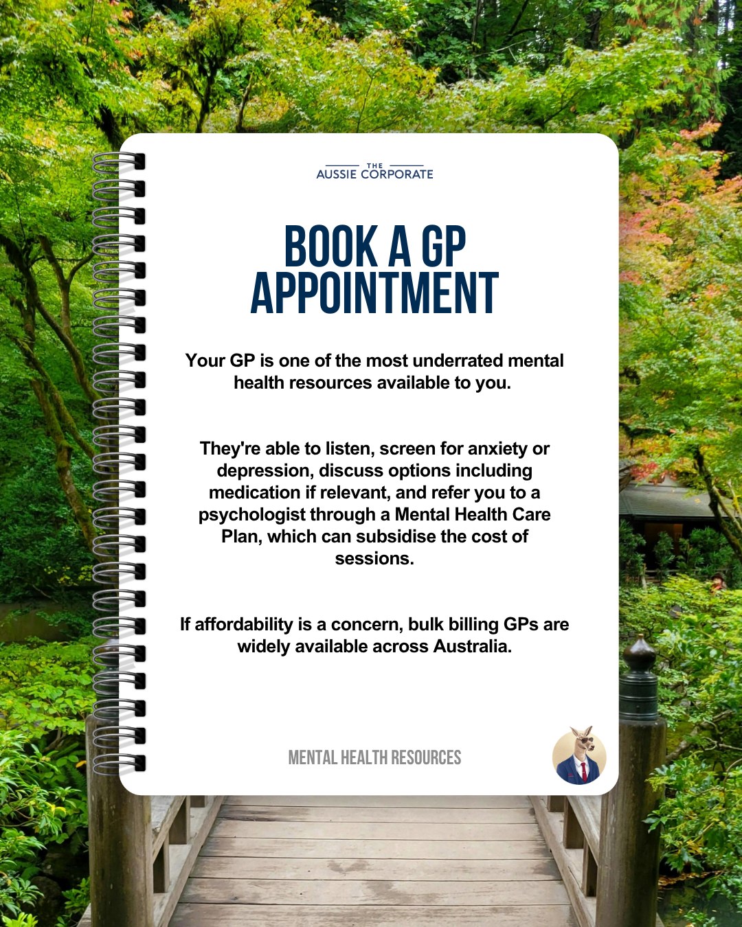 Book a GP appointment: a GP can screen for anxiety or depression and refer you to a psychologist through a Mental Health Care Plan. Bulk billing GPs are widely available.