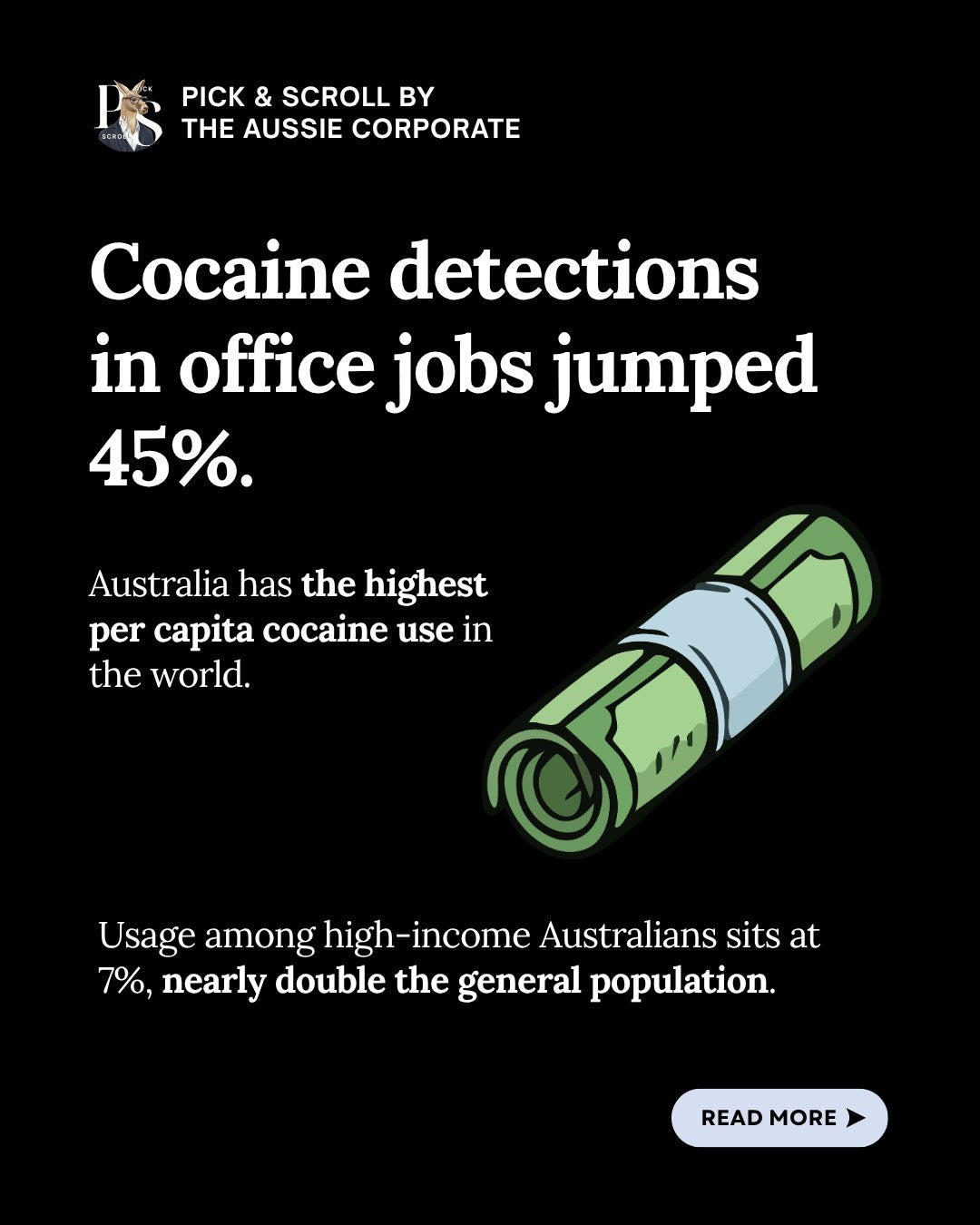Pick & Scroll: cocaine detections in office jobs jumped 45%. Usage among high-income Australians sits at 7%, nearly double the general population.
