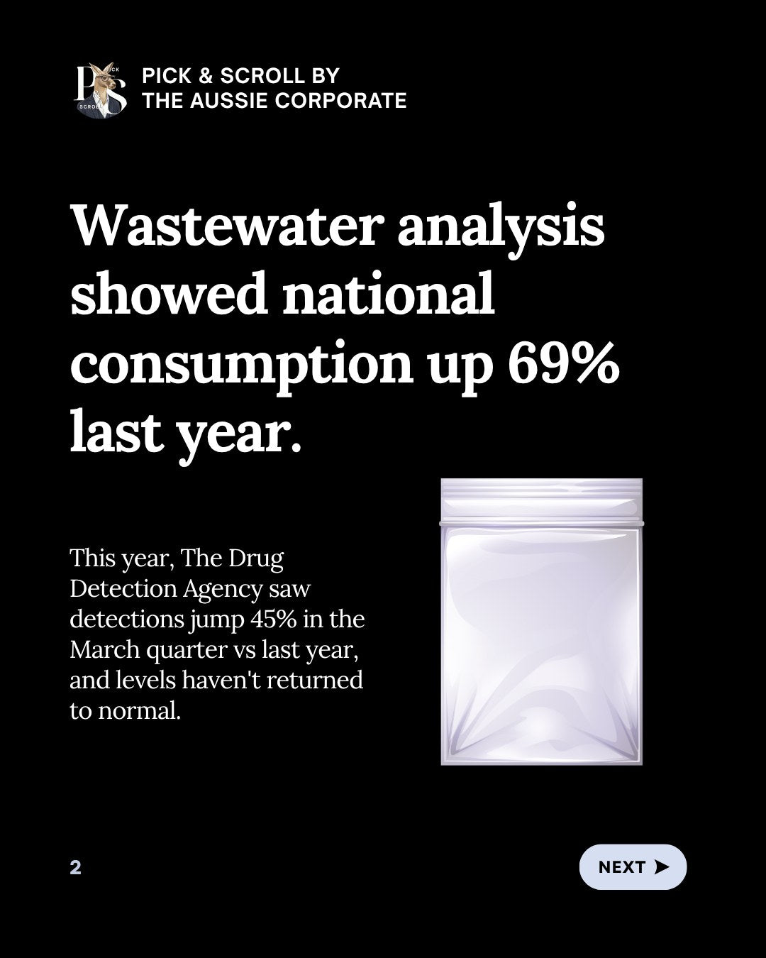 Pick & Scroll: wastewater analysis showed national cocaine consumption up 69% last year.
