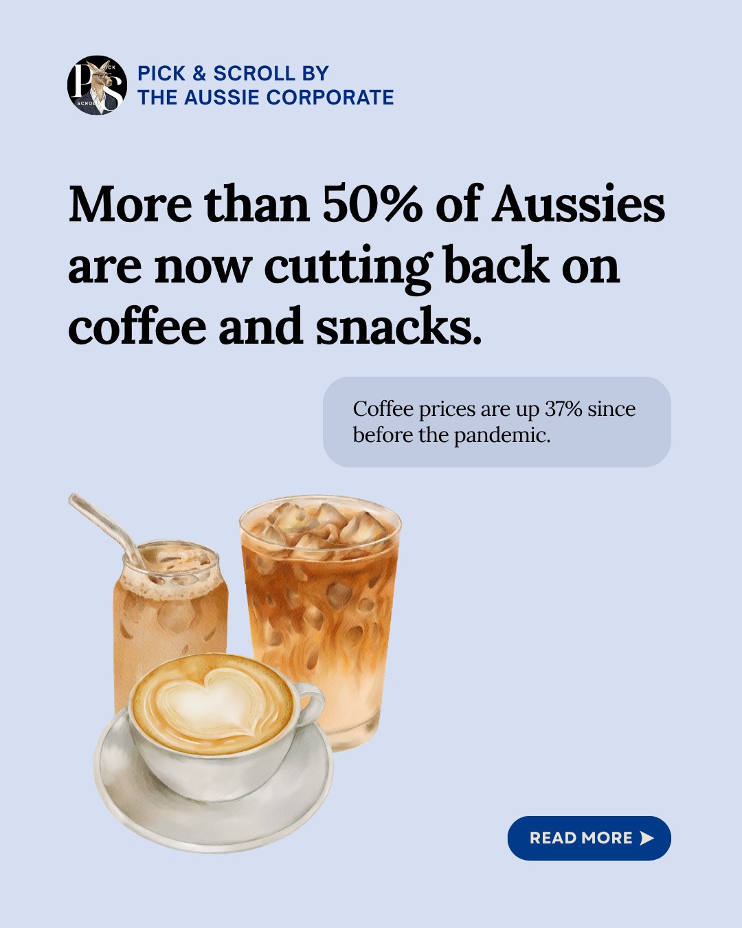 Pick & Scroll: more than 50% of Australians are cutting back on coffee and snacks. Coffee prices are up 37% since before the pandemic.