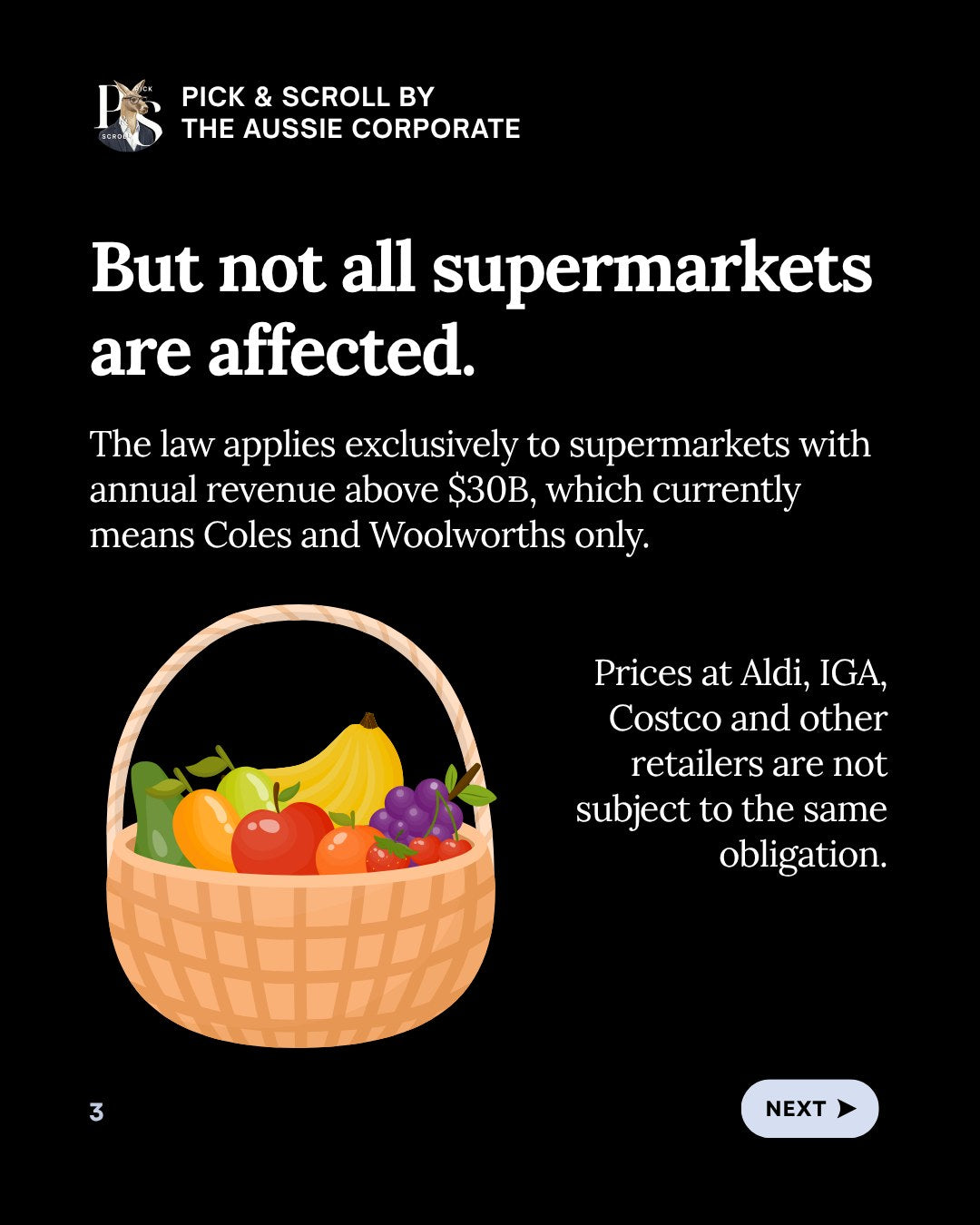 Pick & Scroll: the law applies only to supermarkets with annual revenue above $30B, which means Coles and Woolworths.
