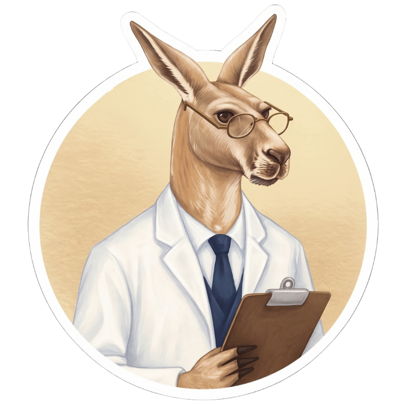 The Aussie Corporate kangaroo in a lab coat and round glasses, on a gold circle sticker