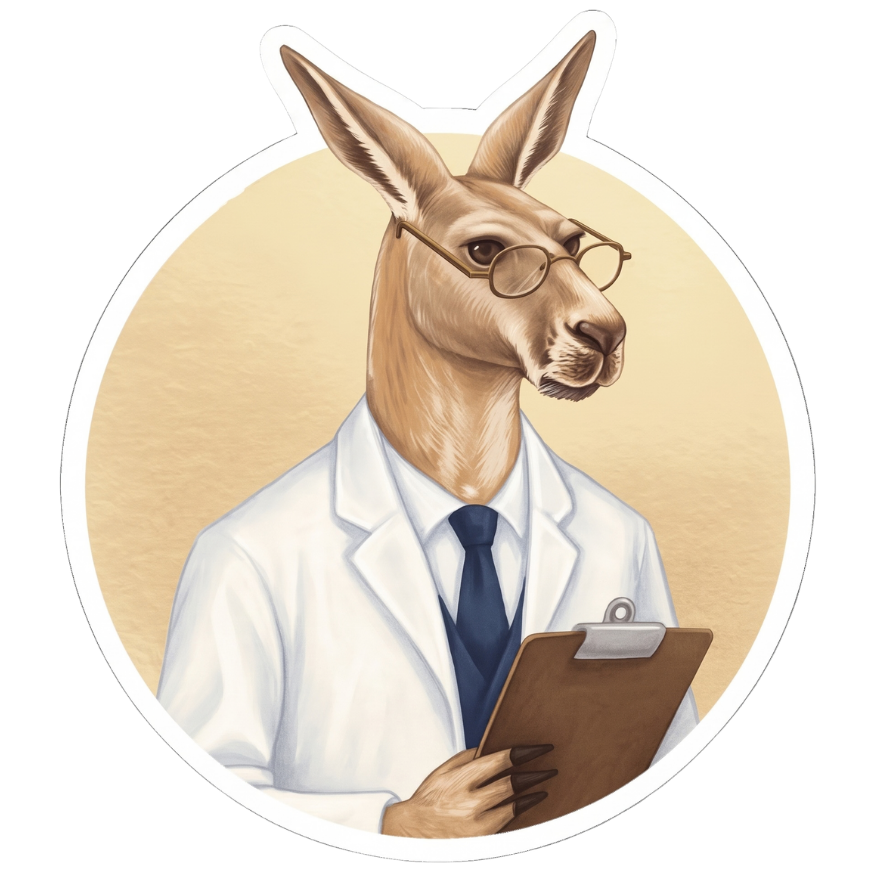 The Aussie Corporate kangaroo in a lab coat and round glasses holding a clipboard, on a gold circle sticker
