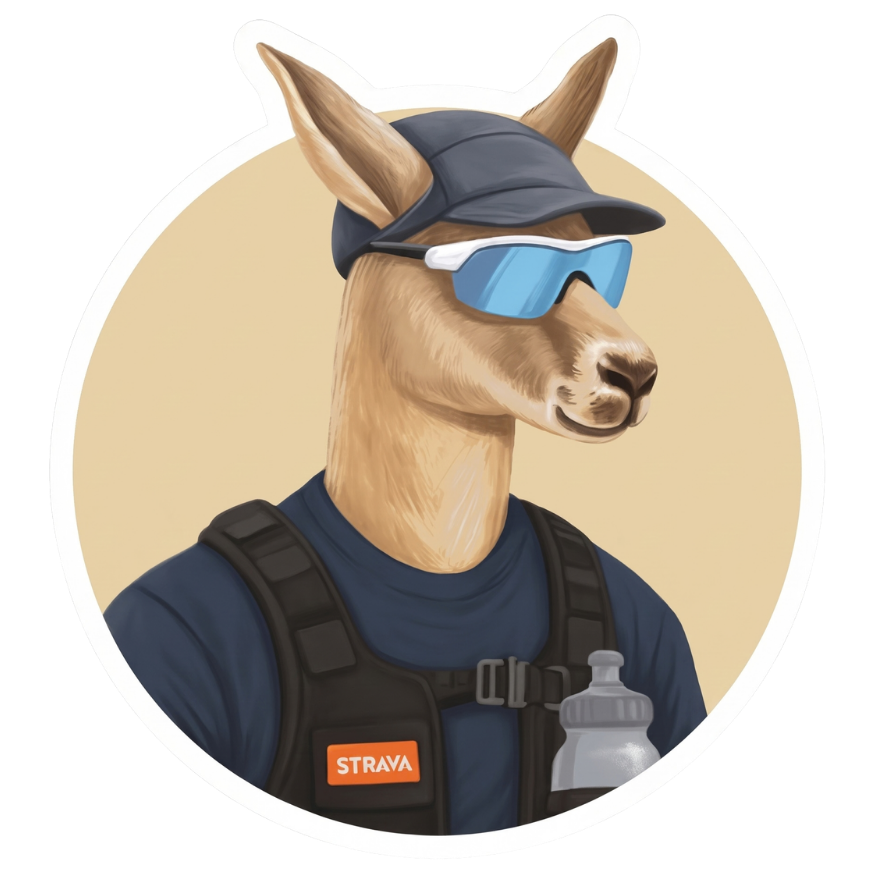 The Aussie Corporate kangaroo in a running vest, cap and sports sunglasses, on a gold circle sticker