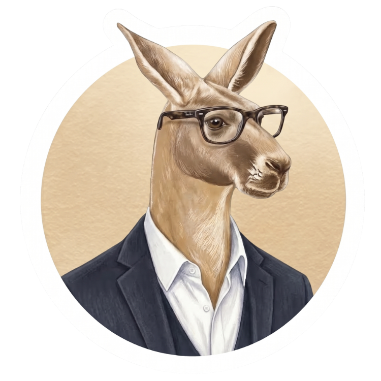 The Aussie Corporate kangaroo in tortoiseshell glasses and a navy blazer, on a gold circle sticker