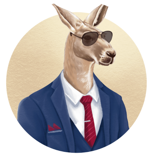 The Aussie Corporate kangaroo in a navy suit and sunglasses, in a cream circle