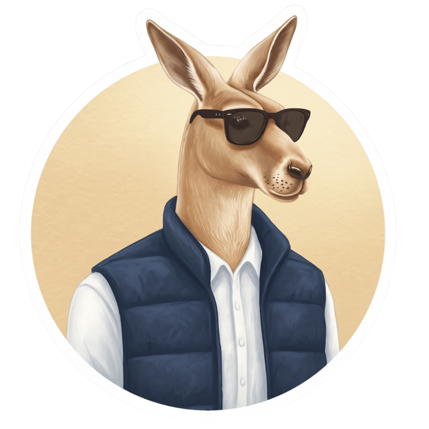 The Aussie Corporate kangaroo in a navy puffer vest and sunglasses, on a gold circle sticker