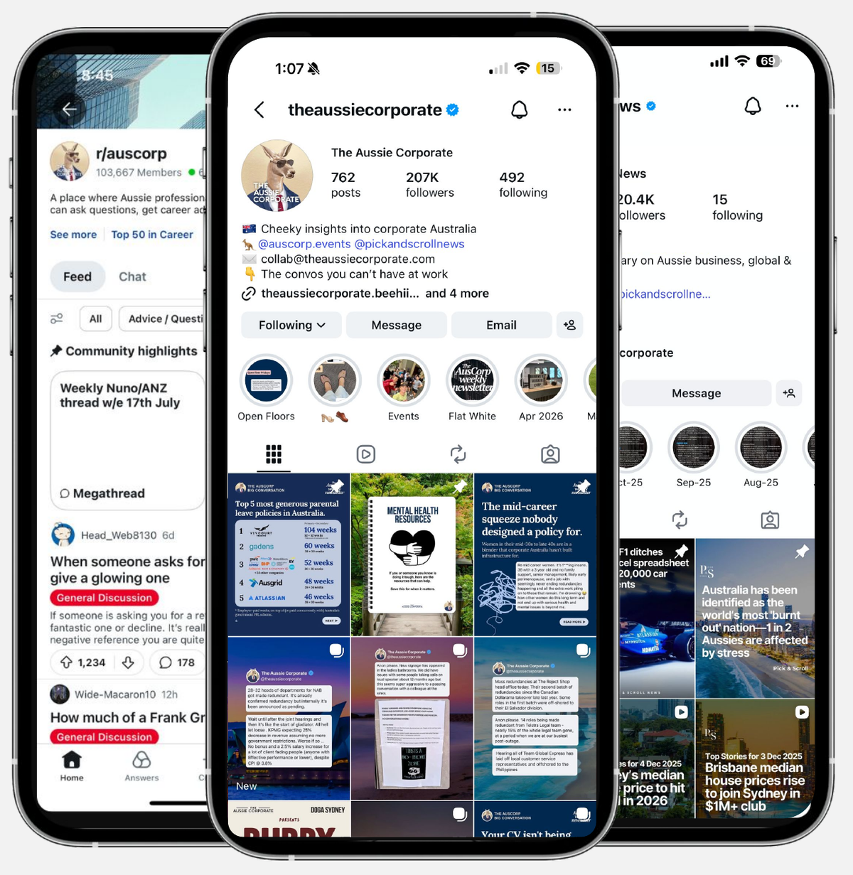 The Aussie Corporate on Reddit (r/auscorp), on Instagram (@theaussiecorporate) and Pick & Scroll's Instagram account, shown on three phones